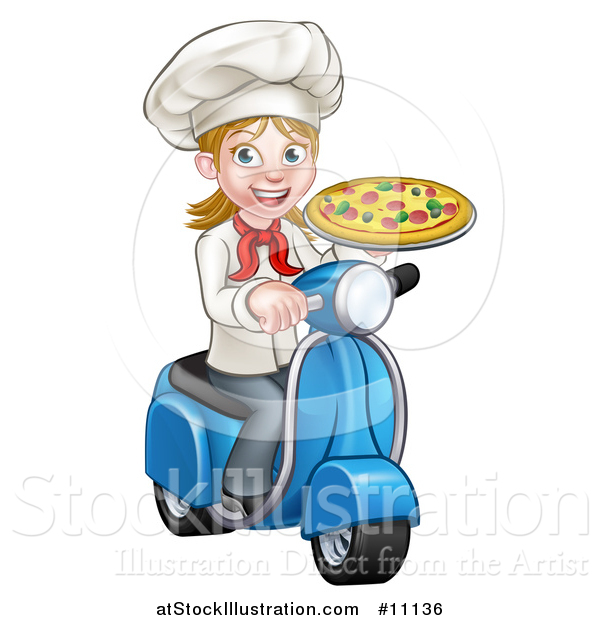 Vector Illustration of a Cartoon Happy White Female Chef Holding a Pizza on a Scooter