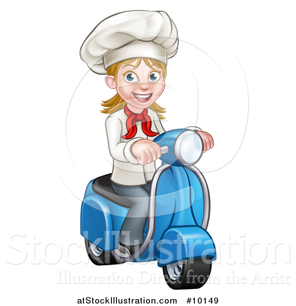 Vector Illustration of a Cartoon Happy White Female Chef Riding a Scooter