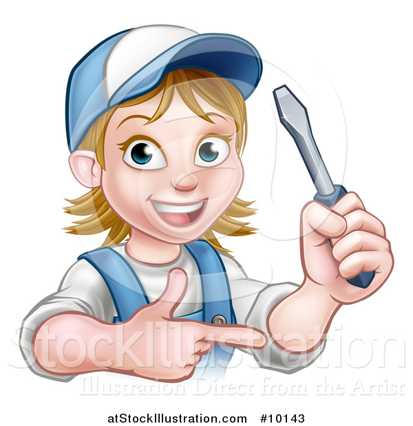 Vector Illustration of a Cartoon Happy White Female Electrician Holding up a Screwdriver and Pointing