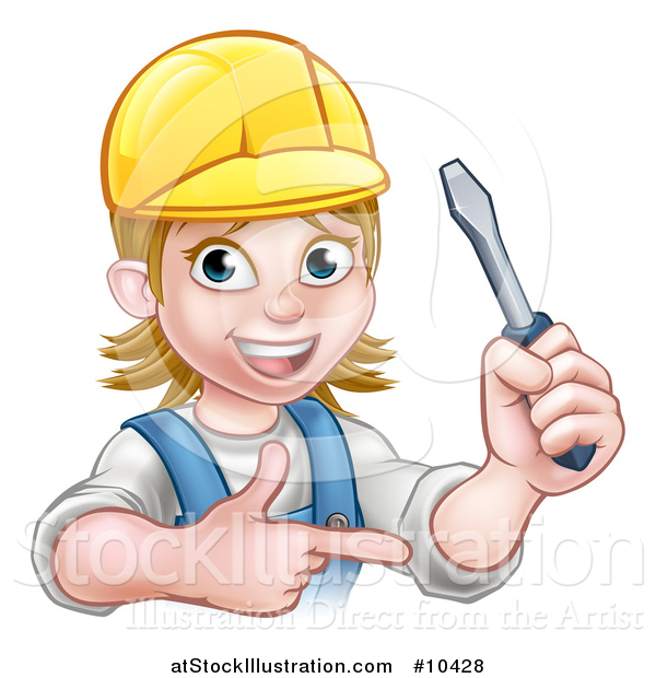 Vector Illustration of a Cartoon Happy White Female Electrician Wearing a Hardhat, Holding up a Screwdriver and Pointing