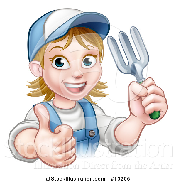 Vector Illustration of a Cartoon Happy White Female Gardener in Blue, Holding a Garden Fork and Giving a Thumb up over a Sign