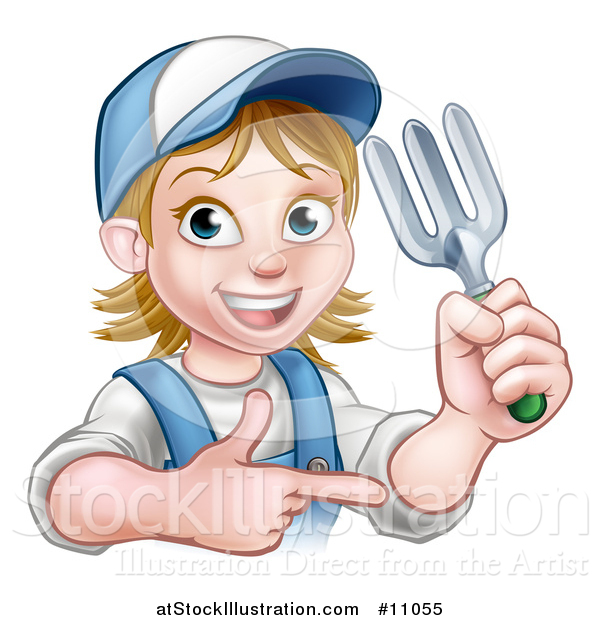 Vector Illustration of a Cartoon Happy White Female Gardener in Blue, Holding a Garden Fork and Pointing