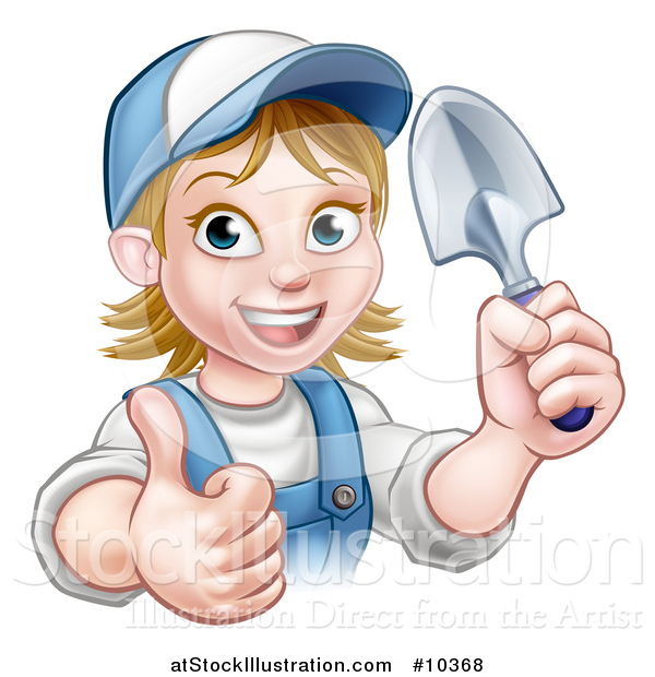 Vector Illustration of a Cartoon Happy White Female Gardener in Blue, Holding a Garden Trowel and Giving a Thumb up