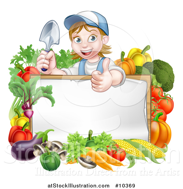 Vector Illustration of a Cartoon Happy White Female Gardener in Blue, Holding a Garden Trowel and Giving a Thumb up over a White Sign with Produce
