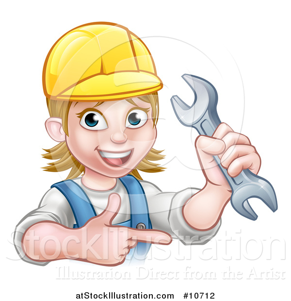 Vector Illustration of a Cartoon Happy White Female Mechanic Wearing a Hard Hat, Holding up a Wrench and Pointing