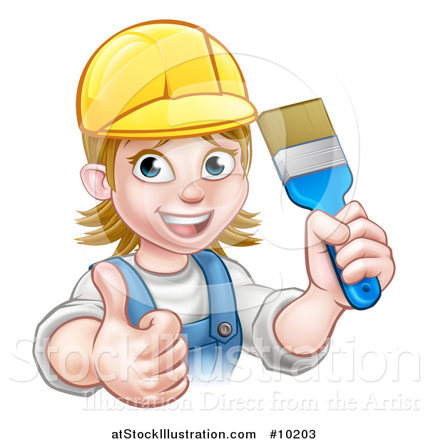 Vector Illustration of a Cartoon Happy White Female Painter Holding up a Brush and Giving a Thumb up