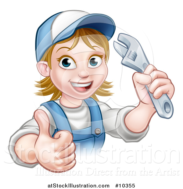 Vector Illustration of a Cartoon Happy White Female Plumber Holding an Adjustable Wrench and Giving a Thumb up