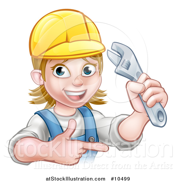 Vector Illustration of a Cartoon Happy White Female Plumber Holding an Adjustable Wrench and Pointing