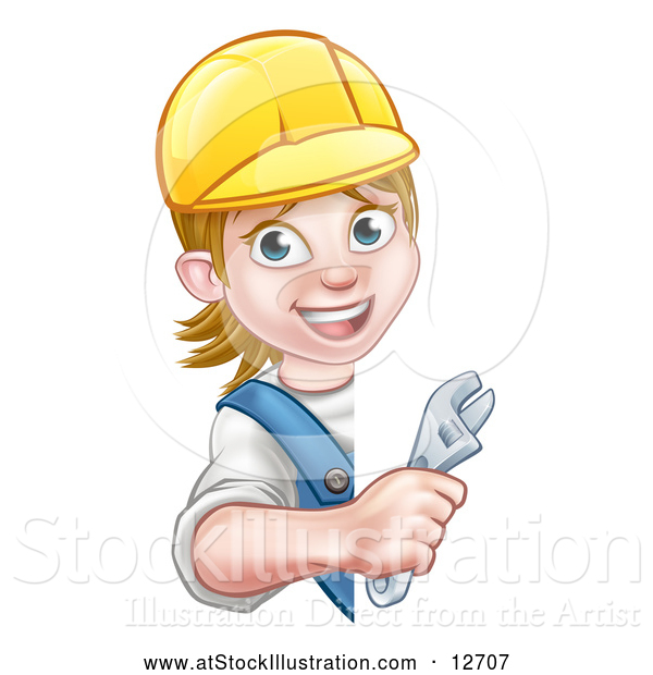 Vector Illustration of a Cartoon Happy White Female Plumber Holding an Adjustable Wrench Around a Sign