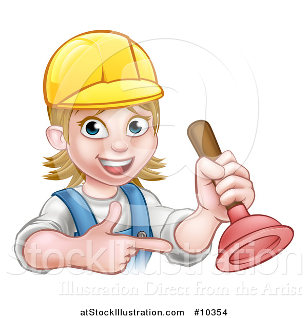 Vector Illustration of a Cartoon Happy White Female Plumber Wearing a Hard Hat, Pointing and Holding a Plunger