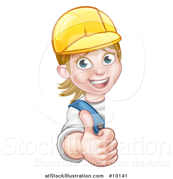 Vector Illustration of a Cartoon Happy White Female Worker Giving a Thumb up Around a Sign