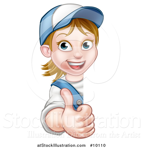 Vector Illustration of a Cartoon Happy White Female Worker Holding up Around a Sign