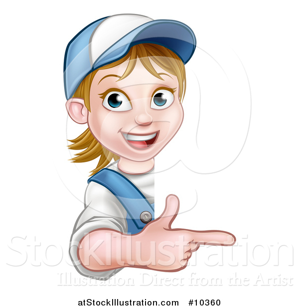 Vector Illustration of a Cartoon Happy White Female Worker Pointing Around a Sign