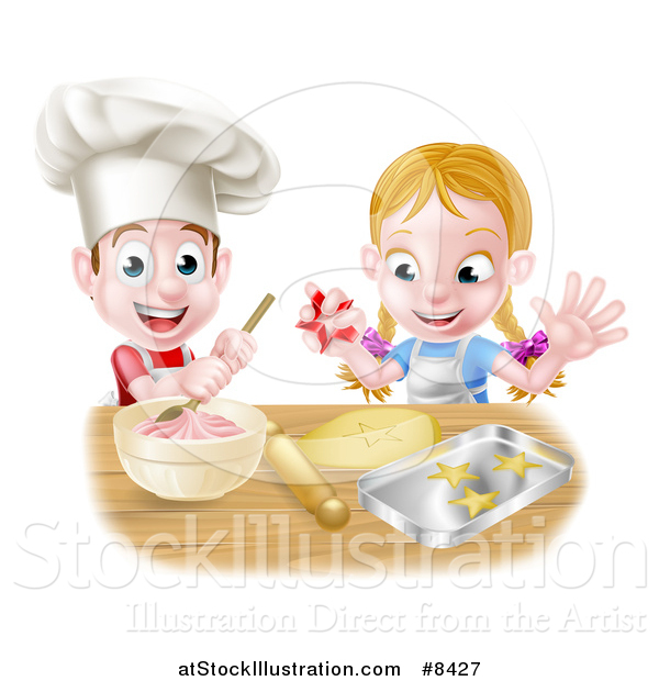 Vector Illustration of a Cartoon Happy White Girl and Boy Making Frosting and Star Shaped Cookies