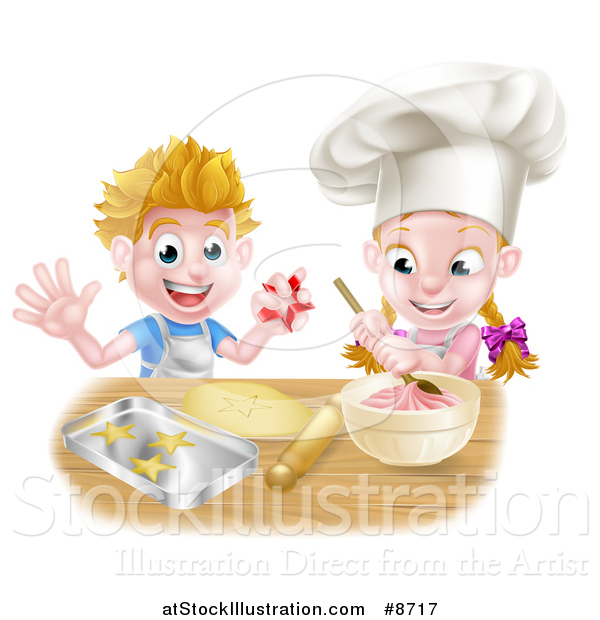 Vector Illustration of a Cartoon Happy White Girl and Boy Making Pink Frosting and Star Shaped Cookies