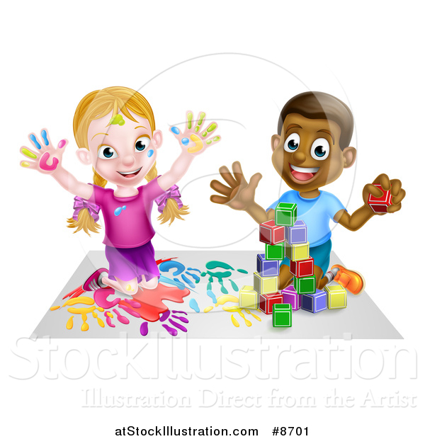 Vector Illustration of a Cartoon Happy White Girl Sitting on Paper and and Painting and a Black Boy Playing with Blocks