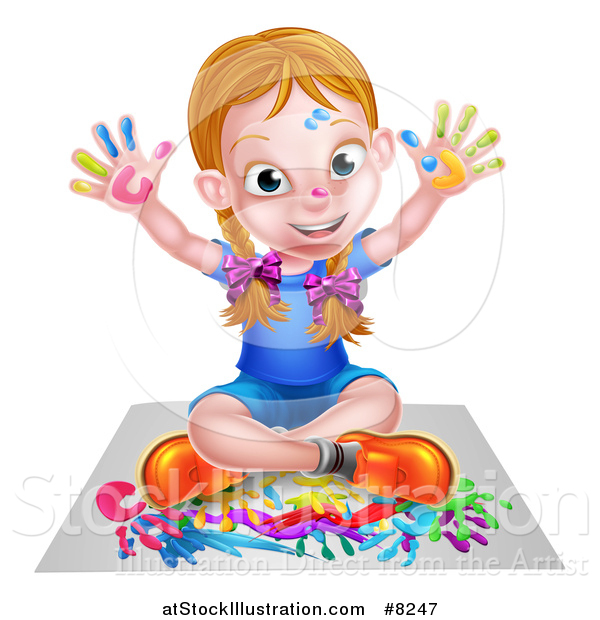 Vector Illustration of a Cartoon Happy White Girl Sitting on Paper and and Painting