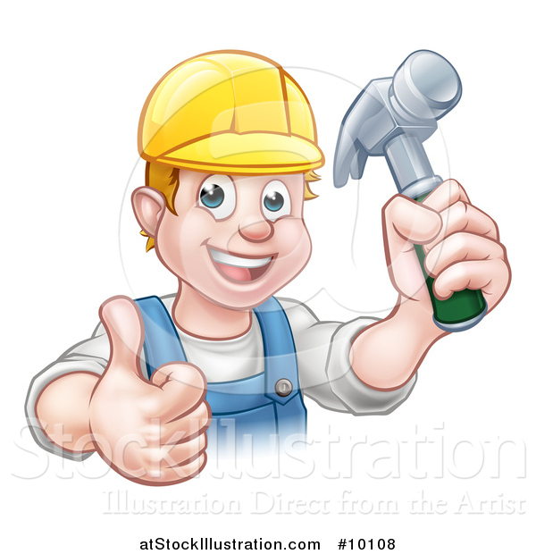 Vector Illustration of a Cartoon Happy White Male Carpenter Holding a Hammer and Giving a Thumb up