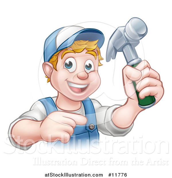 Vector Illustration of a Cartoon Happy White Male Carpenter Holding a Hammer and Pointing