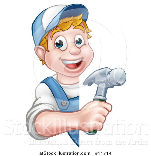 Vector Illustration of a Cartoon Happy White Male Carpenter Holding a Hammer Around a Sign