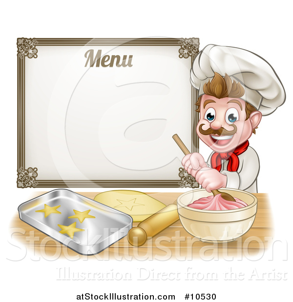Vector Illustration of a Cartoon Happy White Male Chef Baker Mixing Frosting and Making Cookies Under a Menu