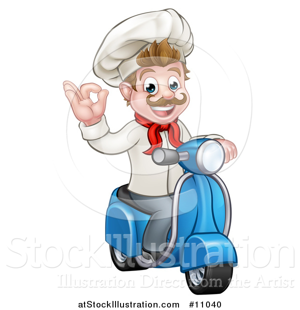 Vector Illustration of a Cartoon Happy White Male Chef Gesturing Ok on a Delivery Scooter