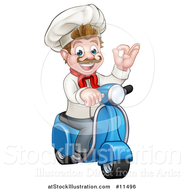 Vector Illustration of a Cartoon Happy White Male Chef Gesturing Ok on a Delivery Scooter