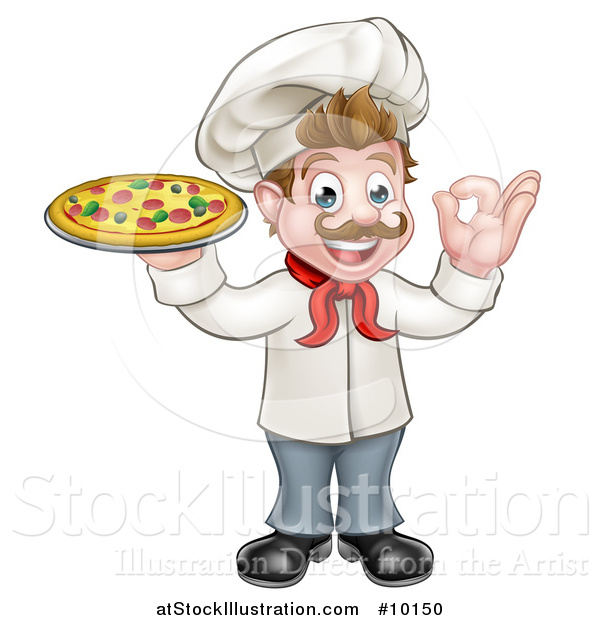 Vector Illustration of a Cartoon Happy White Male Chef Holding a Pizza and Gesturing Perfect