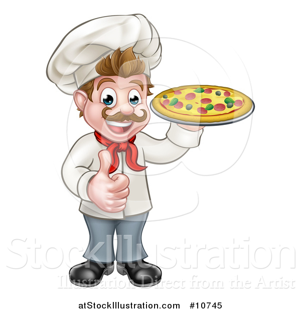 Vector Illustration of a Cartoon Happy White Male Chef Holding a Pizza and Giving a Thumb up