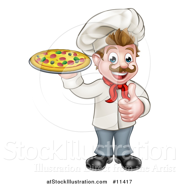 Vector Illustration of a Cartoon Happy White Male Chef Holding a Pizza and Giving a Thumb up