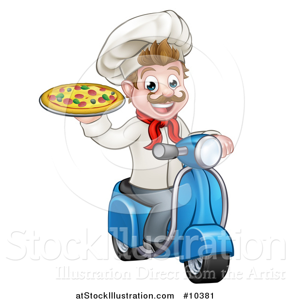 Vector Illustration of a Cartoon Happy White Male Chef Holding a Pizza on a Scooter