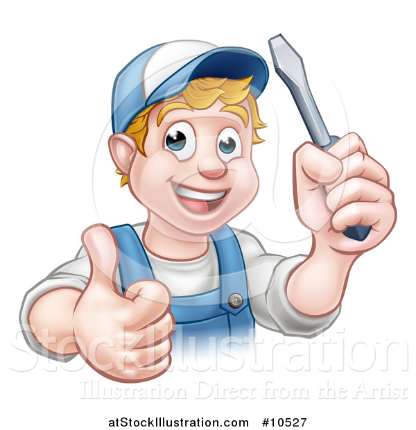 Vector Illustration of a Cartoon Happy White Male Electrician Holding up a Screwdriver and a Thumb