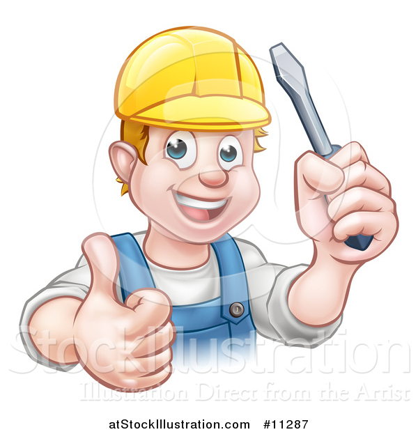 Vector Illustration of a Cartoon Happy White Male Electrician Holding up a Screwdriver and a Thumb