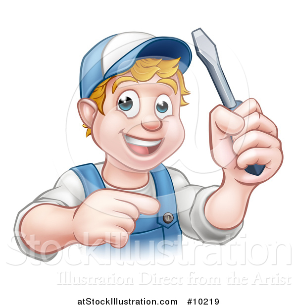 Vector Illustration of a Cartoon Happy White Male Electrician Holding up a Screwdriver and Pointing