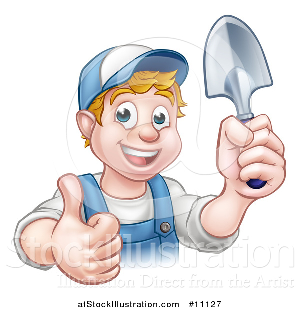 Vector Illustration of a Cartoon Happy White Male Gardener in Blue, Holding a Garden Trowel and Giving a Thumb up