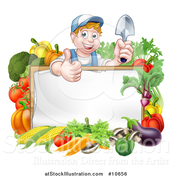 Vector Illustration of a Cartoon Happy White Male Gardener in Blue, Holding a Garden Trowel and Giving a Thumb up over a White Sign with Produce