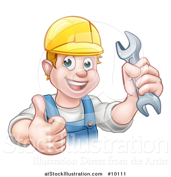 Vector Illustration of a Cartoon Happy White Male Mechanic Holding a Spanner Wrench and Giving a Thumb up