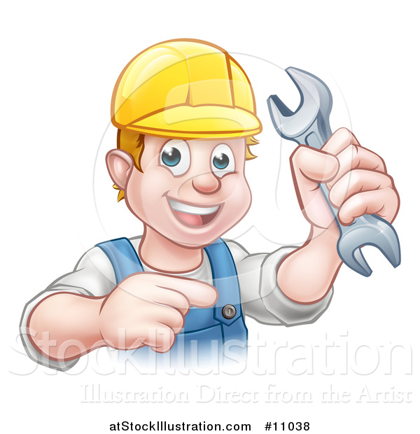 Vector Illustration of a Cartoon Happy White Male Mechanic Holding a Spanner Wrench and Pointing