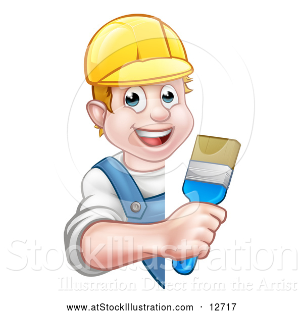 Vector Illustration of a Cartoon Happy White Male Painter Holding a Brush Around a Sign