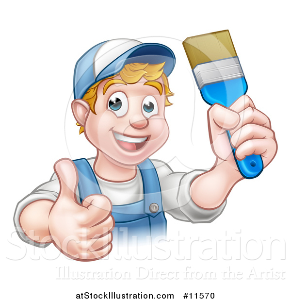 Vector Illustration of a Cartoon Happy White Male Painter Holding up a Brush and Giving a Thumb up