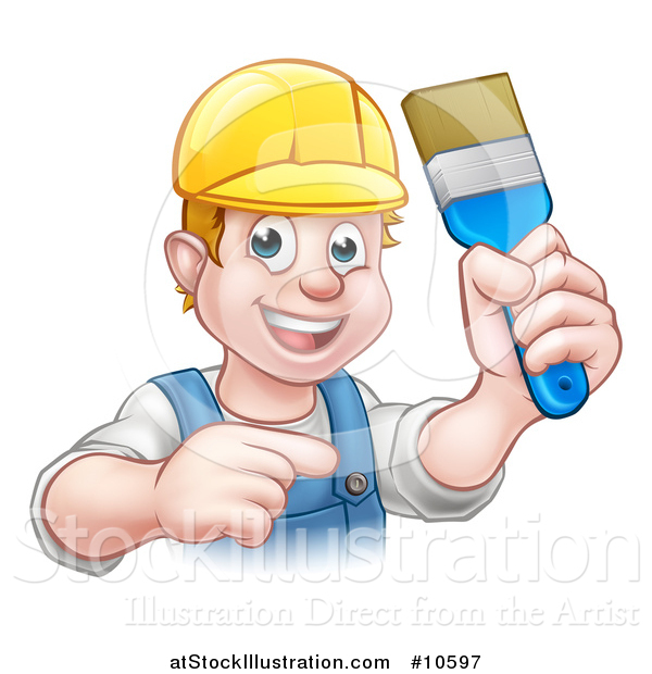 Vector Illustration of a Cartoon Happy White Male Painter Holding up a Brush and Pointing