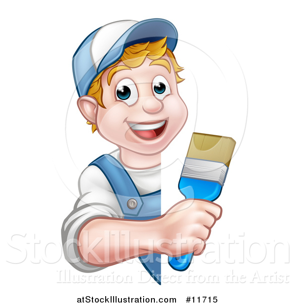 Vector Illustration of a Cartoon Happy White Male Painter Holding up a Brush Around a Sign