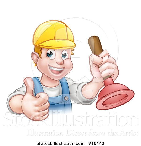 Vector Illustration of a Cartoon Happy White Male Plumber Holding a Plunger and Giving a Thumb up