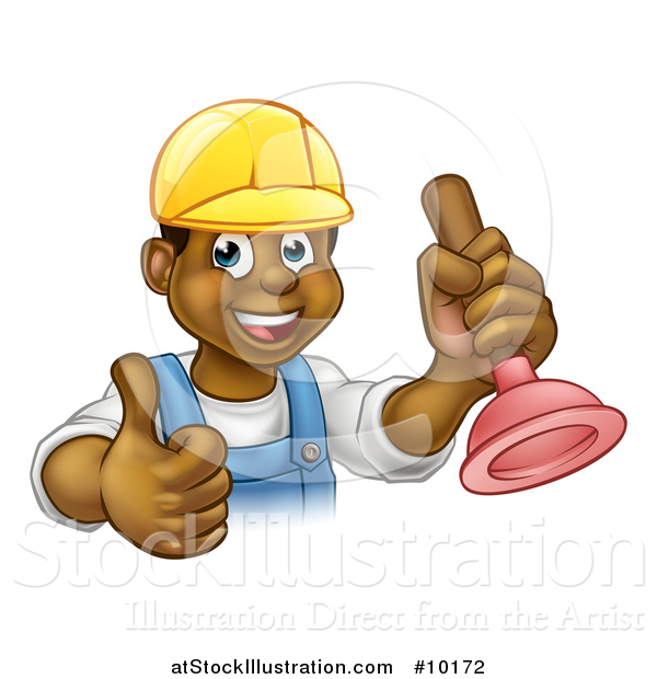 Vector Illustration of a Cartoon Happy White Male Plumber Holding a Plunger and Giving a Thumb up