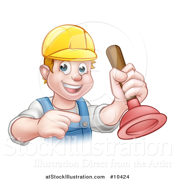 Vector Illustration of a Cartoon Happy White Male Plumber Holding a Plunger and Pointing