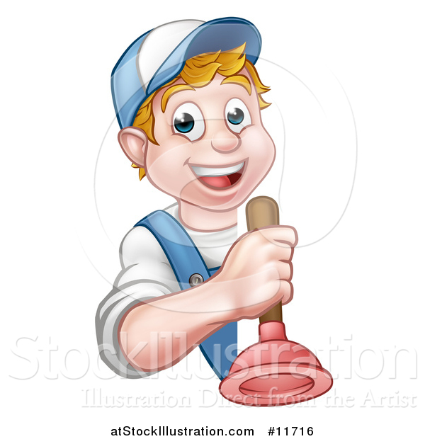 Vector Illustration of a Cartoon Happy White Male Plumber Holding a Plunger Around a Sign