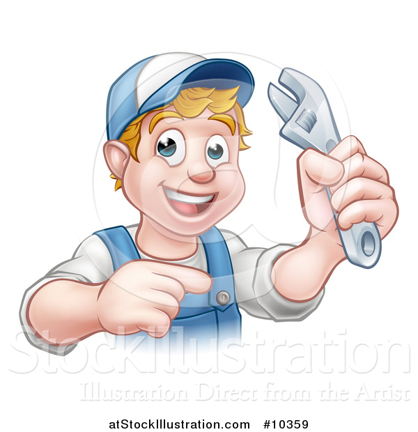 Vector Illustration of a Cartoon Happy White Male Plumber Holding an Adjustable Wrench and Pointing