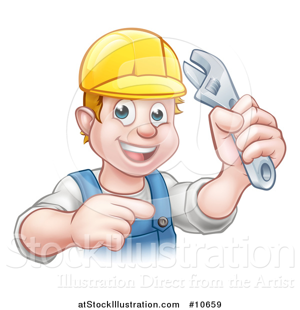 Vector Illustration of a Cartoon Happy White Male Plumber Wearing a Hardhat, Holding an Adjustable Wrench and Pointing