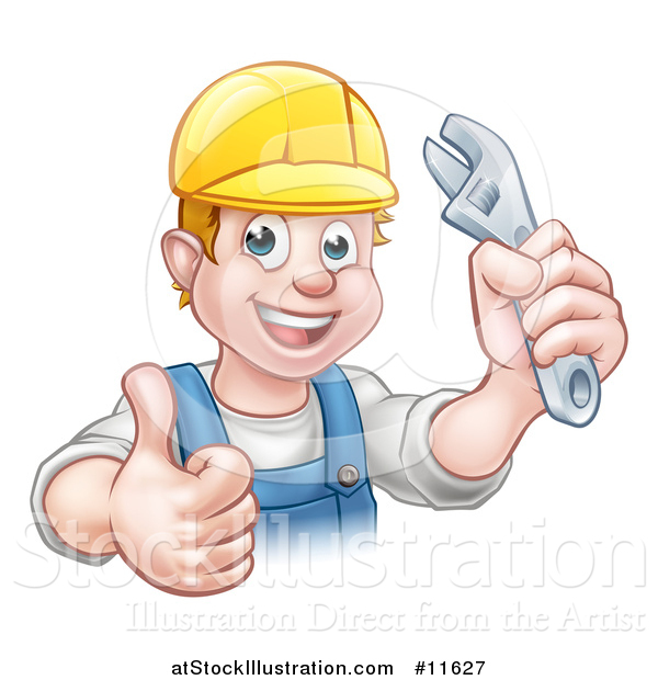 Vector Illustration of a Cartoon Happy White Male Plumber Wearing a Hat, Holding an Adjustable Wrench and Giving a Thumb up