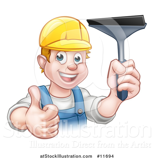 Vector Illustration of a Cartoon Happy White Male Window Cleaner Giving a Thumb up and Holding a Squeegee